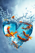 A heart made of golden fish swimming  and dynamic splash of water. World Oceans Day,Fish Migration day of Fisheries Day concept