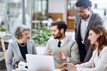 Aufkleber - Teamwork, diversity and laptop for project in corporate workplace for business meeting, strategy and planning. Men, women and technology at desk for collaboration, brainstorming and idea in office