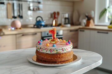 Birthday cake with one candle number 1 on kitchen table