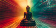 Buddha figure meditates amidst a mesmerizing backdrop of vertical color streaks that evoke the spectrum of human consciousness. Vesak day concept