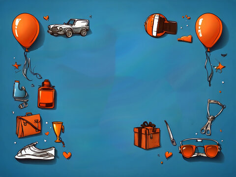 Happy Father's Day card over a blue background with hand-drawn objects for men. Vector illustration design.