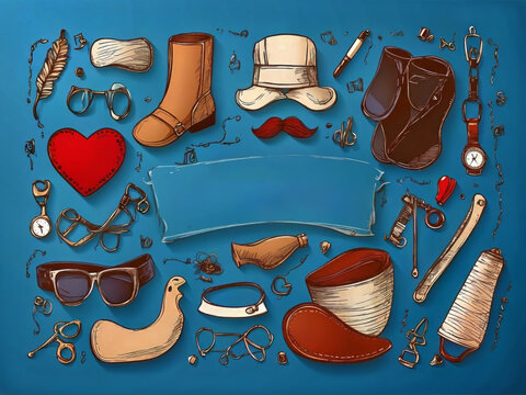 Happy Father's Day card over a blue background with hand-drawn objects for men. Vector illustration design.
