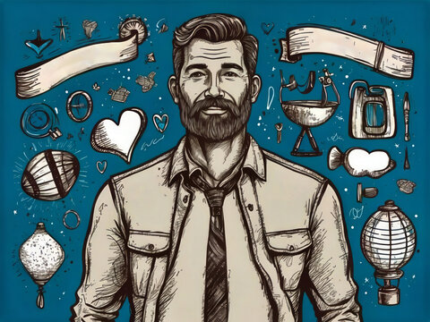 Happy Father's Day card over a blue background with hand-drawn objects for men. Vector illustration design.