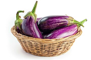 Wall Mural - Fresh eggplants in basket on white background