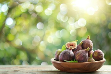 Wall Mural - Fresh figs in plate on wooden table on blurred green background