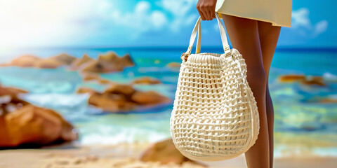 Close-up of a woman holding elegant white macrame handbag on a sunny beach. Summer fashion and leisure