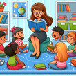 Female teacher is reading aloud to small children in a classroom.