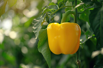 Wall Mural - Ripe yellow pepper hanging on tree with sunshine
