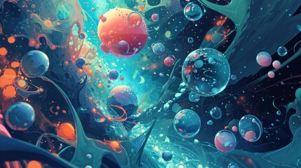 Wall Mural - A colorful universe filled with glowing blue and red bubbles of different sizes, some of which are connected by light paths.