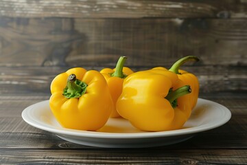 Wall Mural - Ripe yellow pepper in plate on wooden table