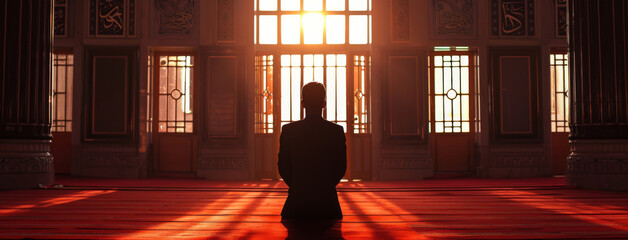 Wall Mural - light, silhouette and man in mosque with praise for healing, trust and peace in prayer banner. perso