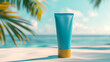 3d mock up for sun protection cream with summer beach in background