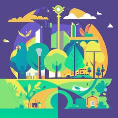 sustainable development, some trees and human well-being in the middle of a meadow, vector