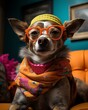 © Nat - Whimsical stock image of a dog wearing sunglasses and a funny hat, sitting in a brightly colored room, evoking laughter and a sense of lightness