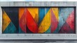 The image captures a bold and dynamic geometric graffiti on an urban wall, reflecting street art culture and vibrant urban life