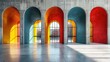 A contemporary architectural photo with colorful arches casting soft shadows inside a spacious and minimalist building
