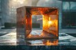 A captivating image featuring a glowing cube seemingly containing a piece of the sun, set against a rain-soaked urban backdrop