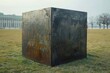 A large rusted metal cube creates an industrial contrast against the green grass of an open field