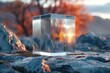 An icy cube on rugged terrain perfectly reflects the warmth of a sunset, contrasting with the cold, textured stone surface surrounding it