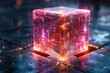 In a scene brimming with sci-fi intrigue, a bright glowing cube sits on a reflective wet surface, implying advanced technology and innovation
