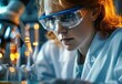 She is a chemist who is working in a laboratory. She is wearing a lab coat and safety goggles. She is looking at a test tube.