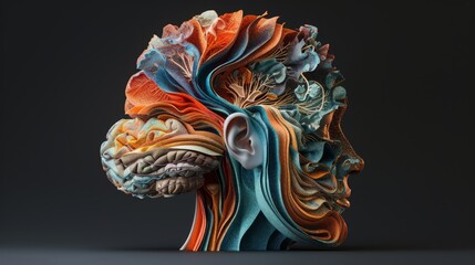 Wall Mural - A visually striking 3D rendering image illustrating the auditory pathway from the ear to the brain, including the cochlear nerve, brainstem nuclei, and auditory cortex