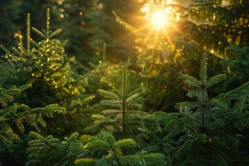 Wall Mural - Sunrise and sunrays over the green forest