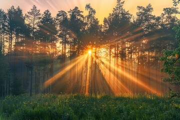 Wall Mural - Sunrise and sunrays over the green forest