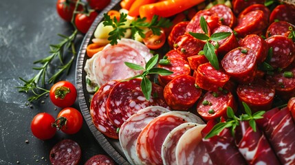 Wall Mural - Top view of an assortment of different salami slices nicely arranged on a plate surrounded by fresh vegetables