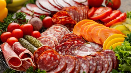 Wall Mural - Top view of an assortment of different salami slices nicely arranged on a plate surrounded by fresh vegetables