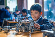 Kid with Asian heritage constructs lively robot from colorful bricks in dynamic Robotechnic class, fostering creativity and learning. Perfect for educational materials and technology-themed designs.