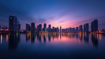 Wall Mural - An elegant evening city skyline, lights reflecting on a calm river, skyscrapers silhouetted against a twilight sky, capturing urban beauty. Resplendent.