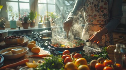 Wall Mural - the meticulous preparation of breakfast in a kitchen, with individuals cooking and arranging food amidst natural morning ligh