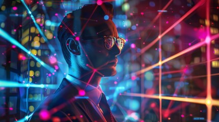 Wall Mural - Holographic social media theme with a businessman using a computer in the background, representing the concept of the internet. hyper realistic 