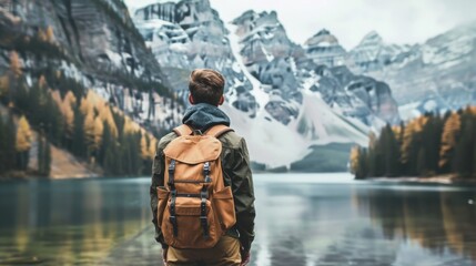 Wall Mural - Male hiker looking at view feeling at peace in mountain forest lake settings 