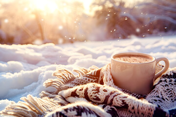 cozy warm winter composition with cup of hot coffee or chocolate, cozy blanket and snowy landscape on sunny winter day, winter home decor, Christmas, New Year's Eve