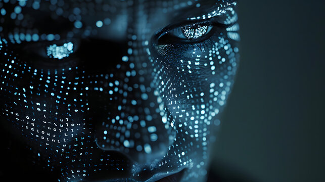 Female face with matrix digital numbers artifical intelligence AI theme with human face. Virtual reality touchscreen digital screen. dark background