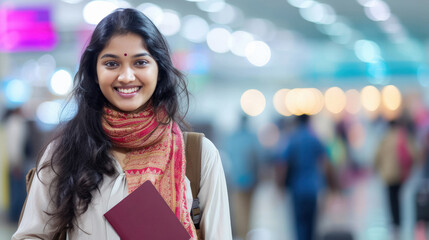 Wall Mural - beautiful indian woman holding passport and smiling on airport background