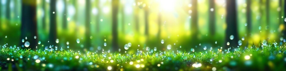 Wall Mural -  Abstract colorful blurred illustration sun rays breaking through leaves on spring and summer morning, ecology theme, blurred bokeh background. Background for design, place for text.