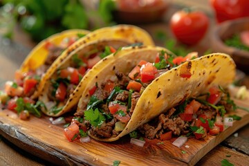 Wall Mural - Traditional mexican tacos with beef and vegetables on a wooden board