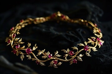 Wall Mural - Golden necklace with gems on black background