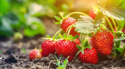 Ripe and green organic strawberry bush in the garden close up. Growing a crop of natural strawberries on farm. Photo