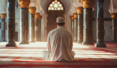 Wall Mural - faith, mosque and back of man with praying on floor for islamic worship, religion and support in sal