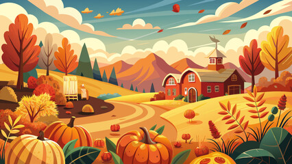 Wall Mural - Autumn Harvest Season Landscape with Farm and Foliage