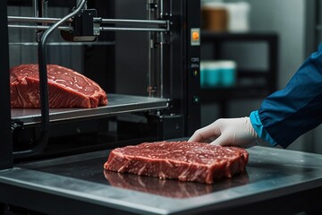 3d printer printing a meat steak. food industry revolution