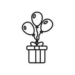 Poster - Balloons with gift vector icon. Holiday logo. Vector icon of confetti with box vector. Gift box icon. Balloons and gift in linear outline style.