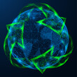 Global recycling. Green arrows around the planet. A low-poly design of interconnected elements.