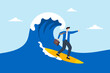 © VZ_Art - Expert businessman surfing or riding wave to success direction, illustrating following business trends and momentum. Concept of overcoming difficulties, professional experience and career development