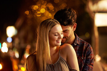 Sticker - Couple, people and affection with smile in outdoor, together and support at night in London. Relationship, date and bonding for romance with sunset for care, relax and happiness as soulmate for love