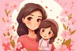 Happy mothers day, beautiful mother and daughter character, hand drawn chibi cartoon art illustration